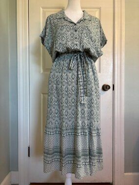 Lucky Brand Green/White Short Sleeve Tiered Belted Midi Shirt Dress Size XL